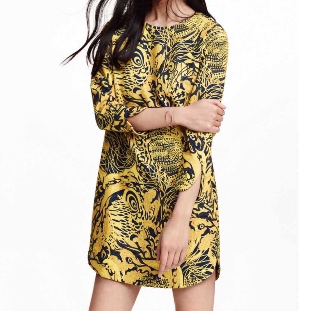 H&M Baroque Print 3/4 Sleeve Shift Dress Gold Blue Size 14‎ NWT